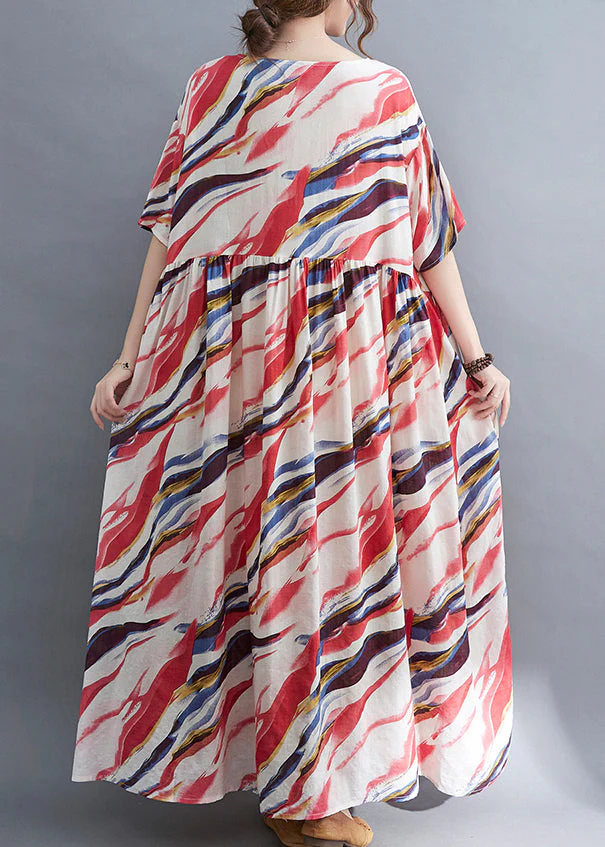 Bohemian Red O-Neck Print wrinkled Long Dress Short Sleeve - Image 4