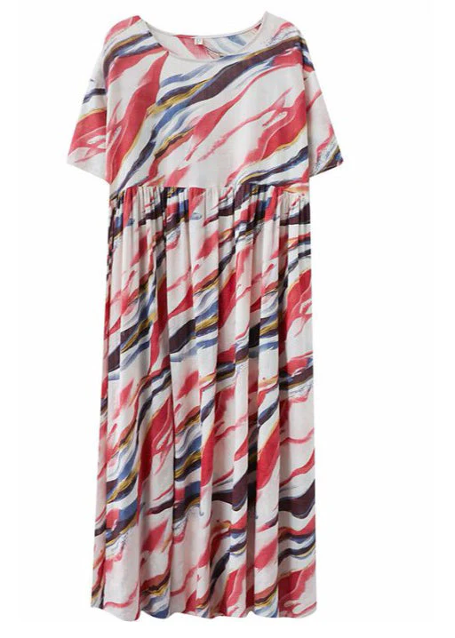 Bohemian Red O-Neck Print wrinkled Long Dress Short Sleeve - Image 5