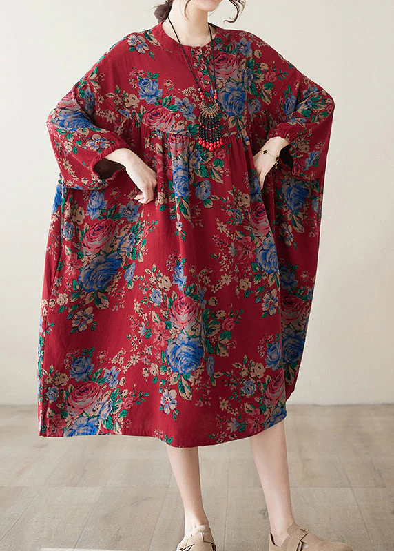 Bohemian Red O Neck Print Wrinkled Plus Size Cotton Dress Summer - Image 2