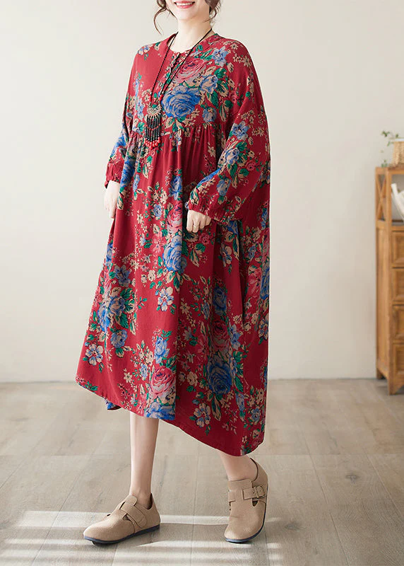 Bohemian Red O Neck Print Wrinkled Plus Size Cotton Dress Summer - Image 3
