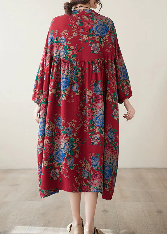 Bohemian Red O Neck Print Wrinkled Plus Size Cotton Dress Summer - Image 4