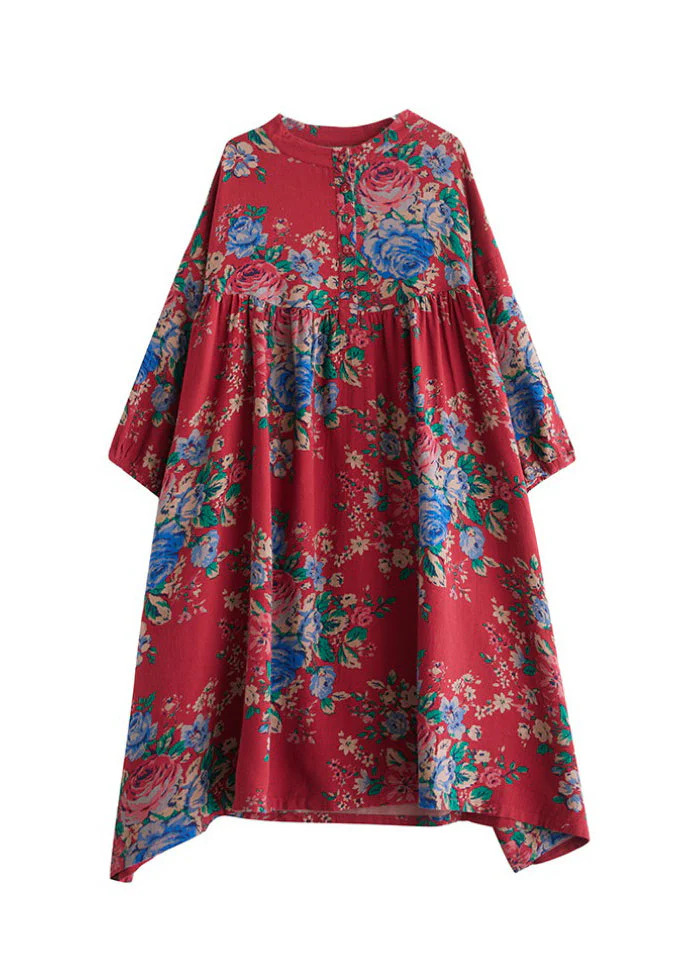 Bohemian Red O Neck Print Wrinkled Plus Size Cotton Dress Summer - Image 5