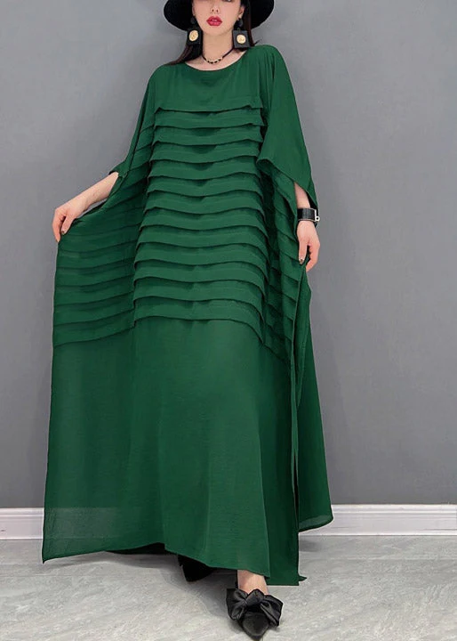 Bohemian Red O-Neck Striped Chiffon Ankle Dress Batwing Sleeve - Image 2