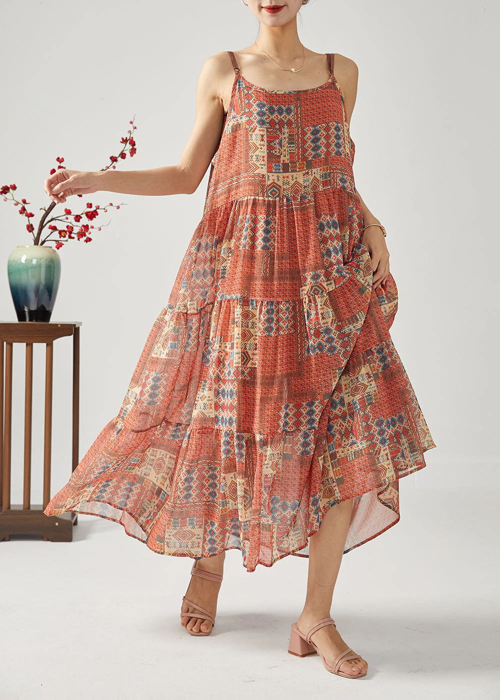 Bohemian Red Oversized Patchwork Exra Large Hem Cotton Spaghetti Strap Dress Summer - Image 2