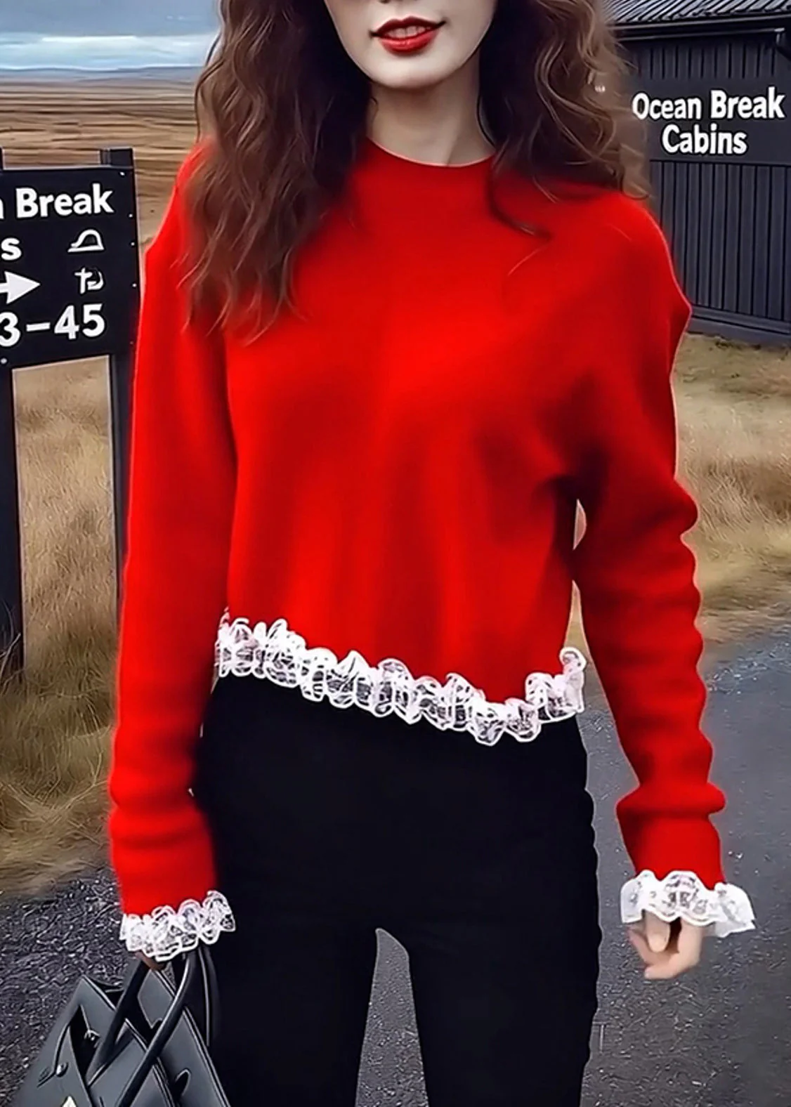 Bohemian Red Oversized Patchwork Lace Sweaters Winter - Image 3
