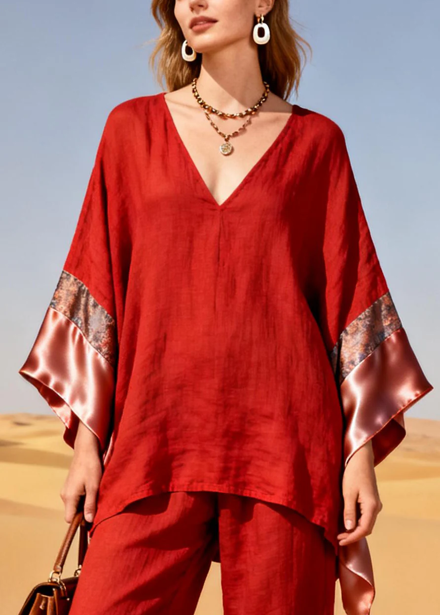 Bohemian Red Oversized Patchwork Linen Silk Two Piece Suit Set Spring - Image 2