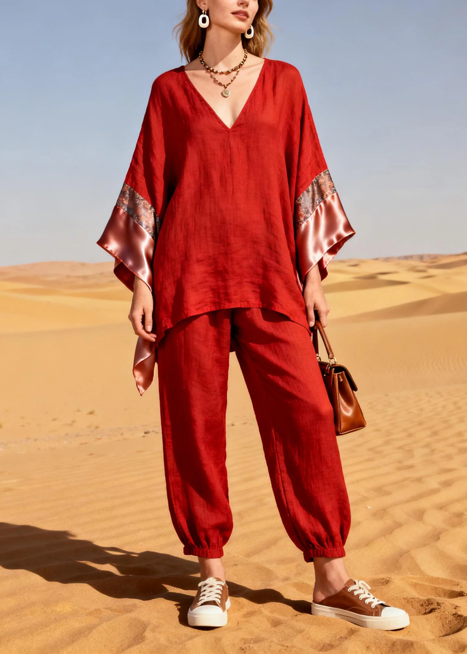 Bohemian Red Oversized Patchwork Linen Silk Two Piece Suit Set Spring - Image 3