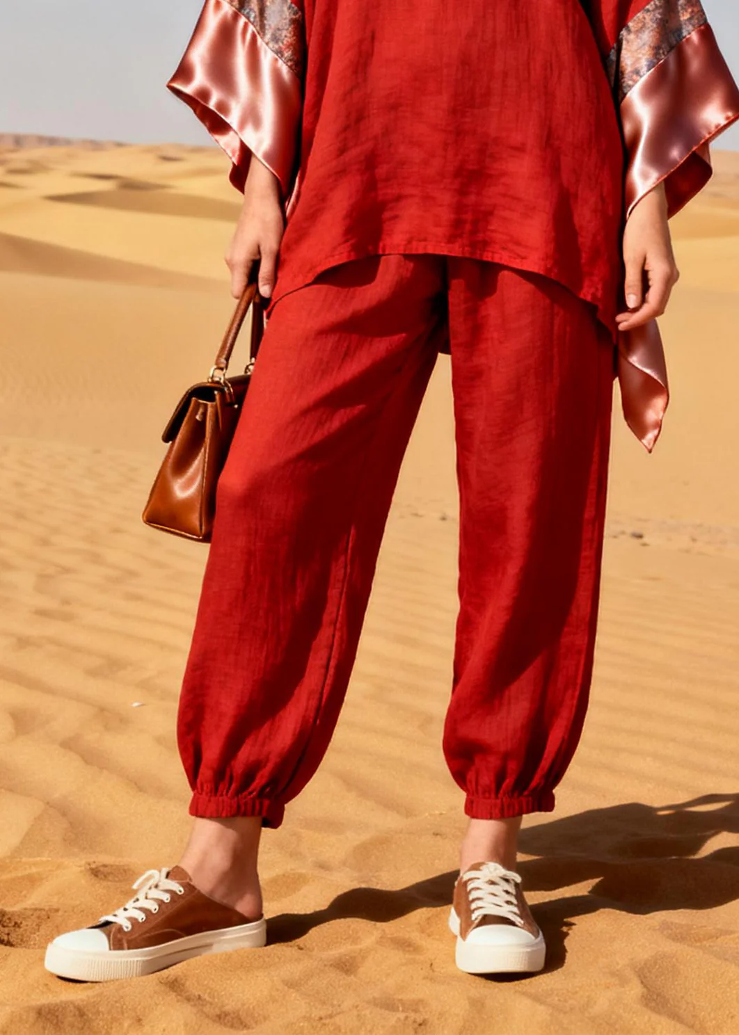 Bohemian Red Oversized Patchwork Linen Silk Two Piece Suit Set Spring - Image 4