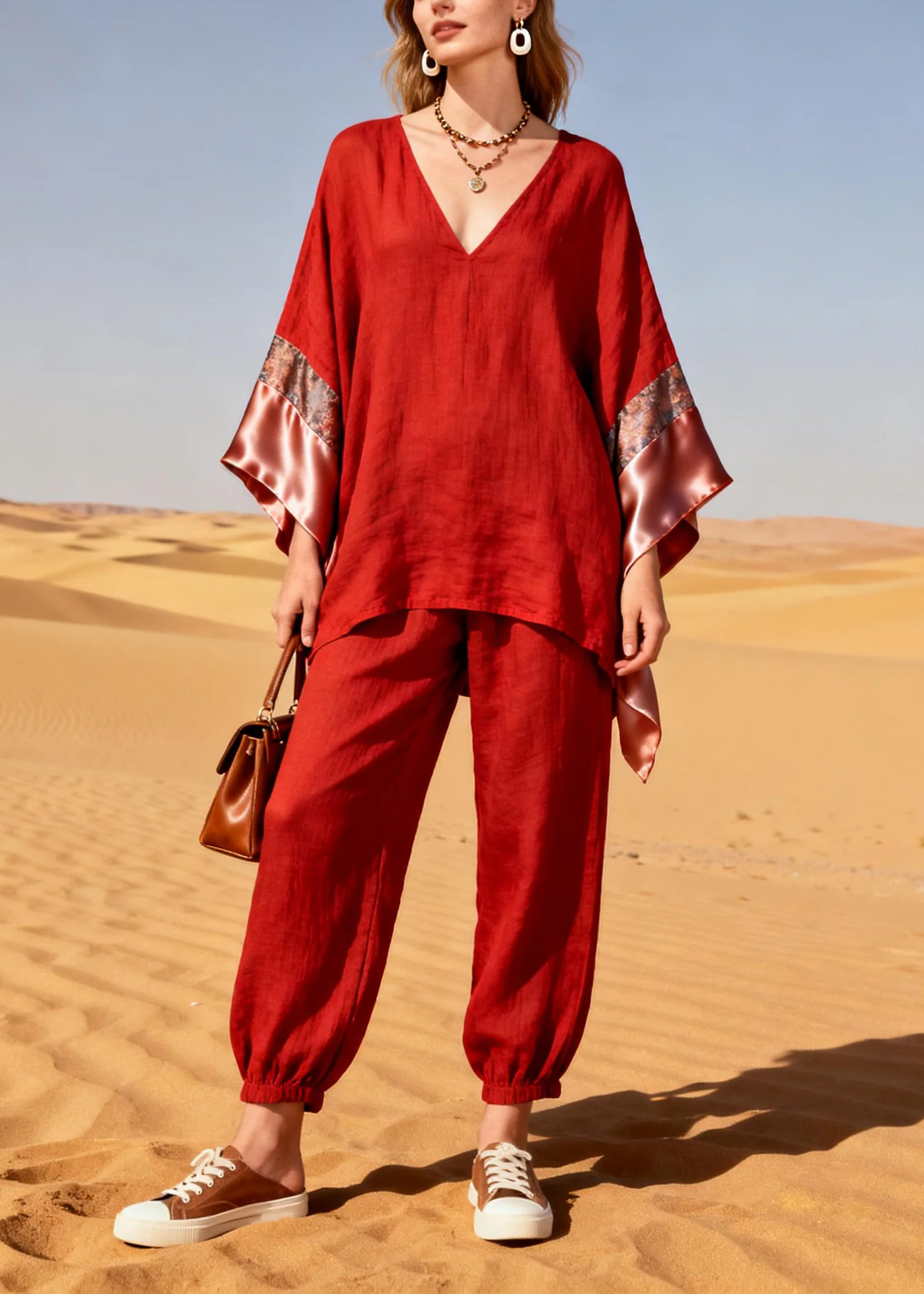 Bohemian Red Oversized Patchwork Linen Silk Two Piece Suit Set Spring - Image 5