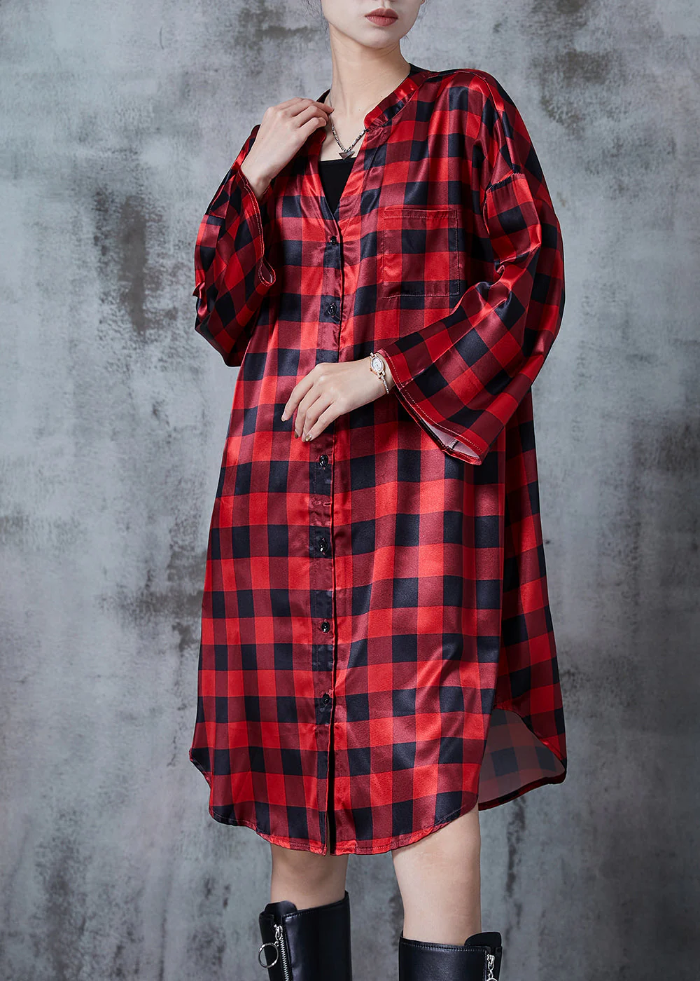 Bohemian Red Oversized Plaid Shirt Dresses Spring - Image 3