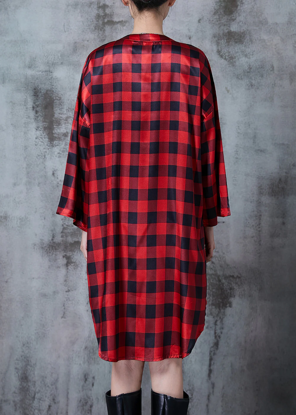 Bohemian Red Oversized Plaid Shirt Dresses Spring - Image 4