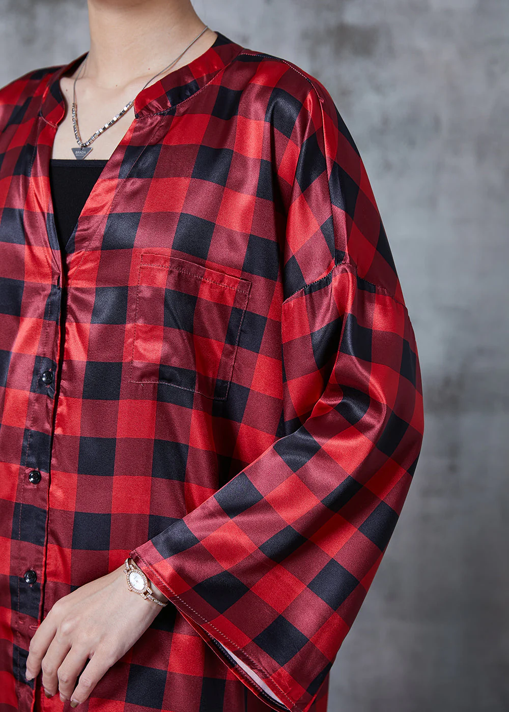 Bohemian Red Oversized Plaid Shirt Dresses Spring - Image 5