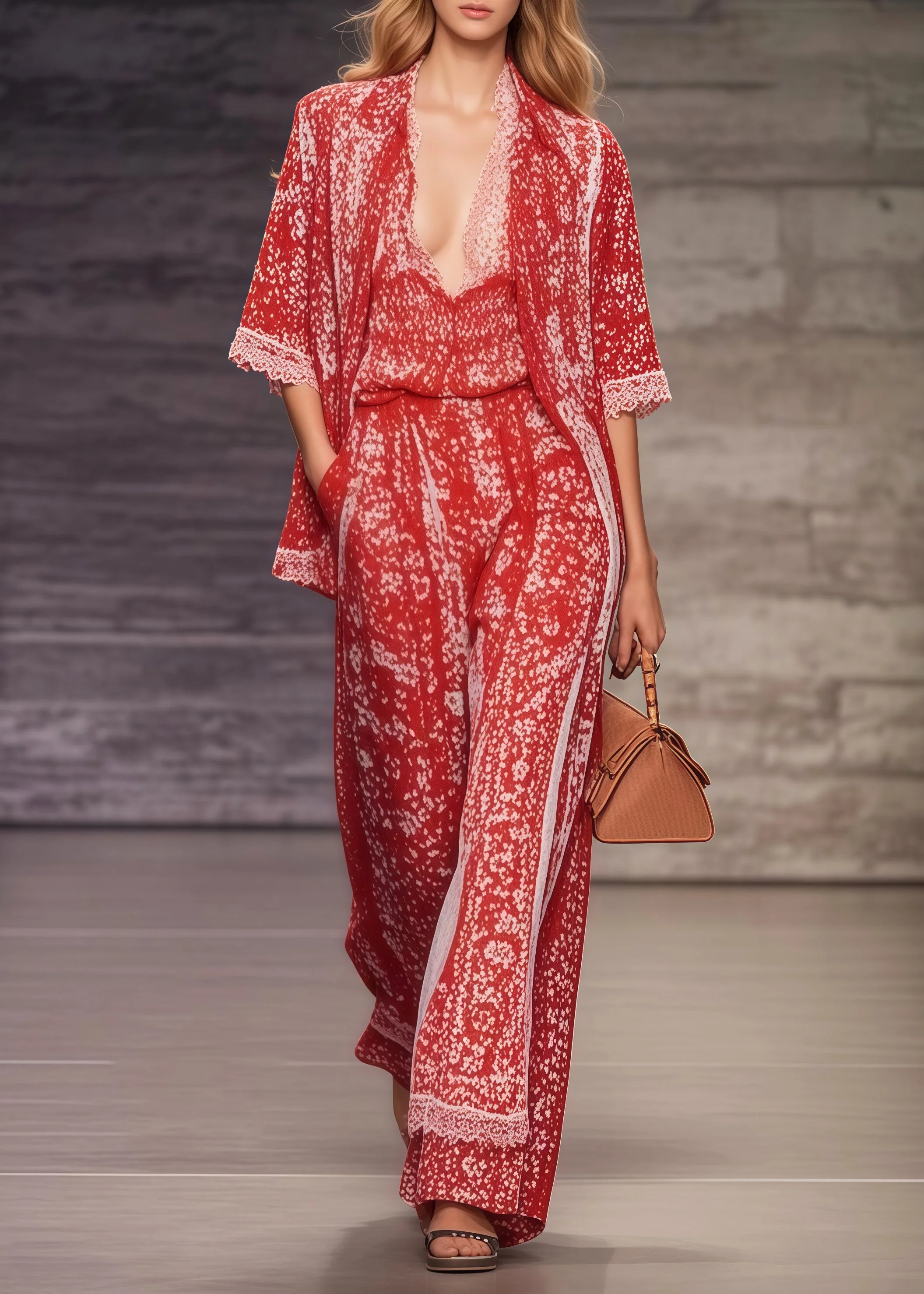 Bohemian Red Oversized Print Chiffon Two Pieces Set Summer - Image 3
