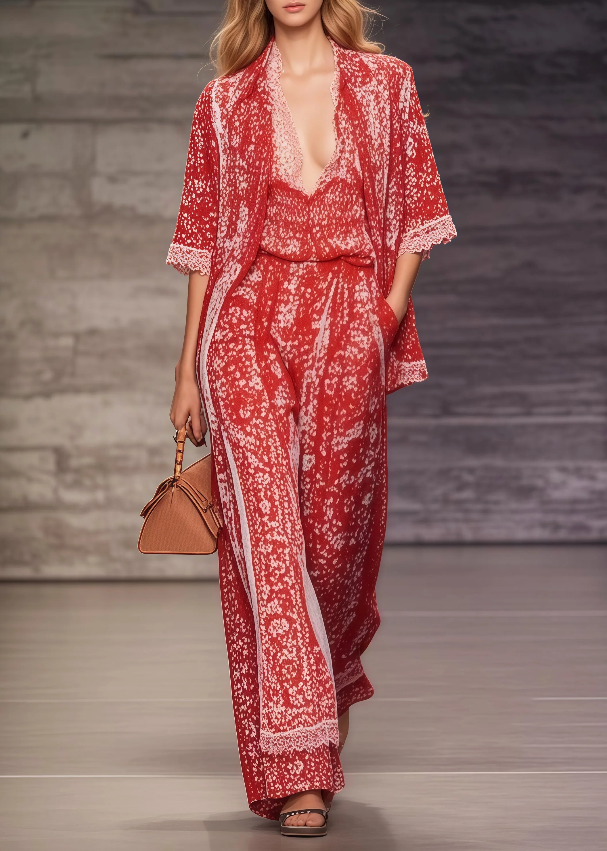 Bohemian Red Oversized Print Chiffon Two Pieces Set Summer - Image 5