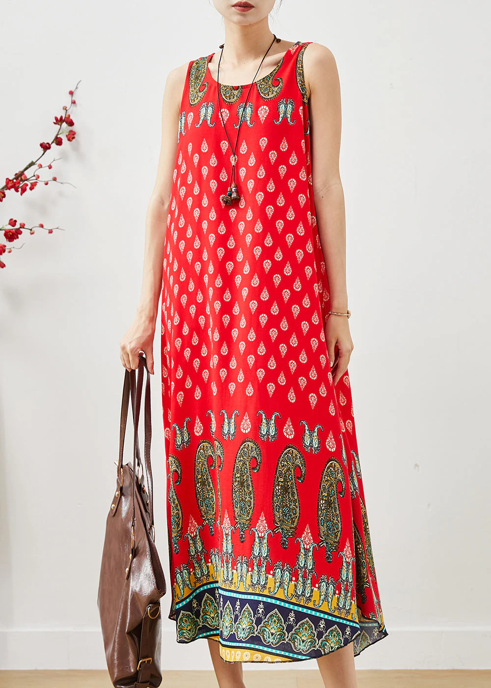 Bohemian Red Oversized Print Cotton Dress Summer - Image 2