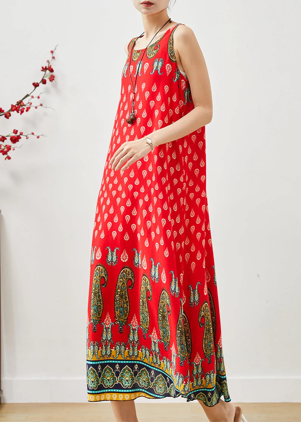 Bohemian Red Oversized Print Cotton Dress Summer - Image 3