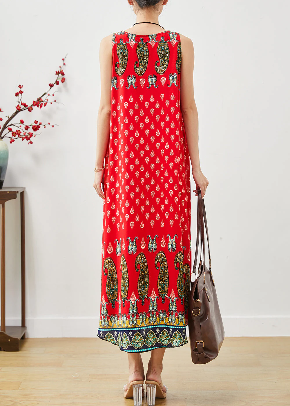 Bohemian Red Oversized Print Cotton Dress Summer - Image 4