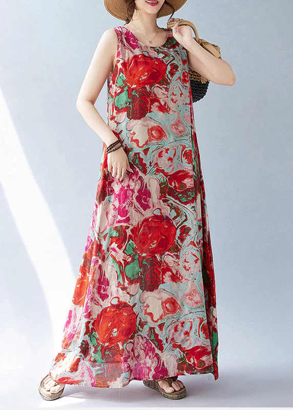 Bohemian Red Oversized Print Cotton Holiday Dress Sleeveless - Image 2