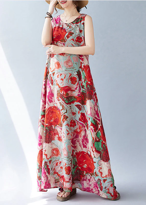Bohemian Red Oversized Print Cotton Holiday Dress Sleeveless - Image 3