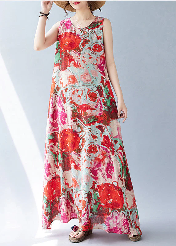 Bohemian Red Oversized Print Cotton Holiday Dress Sleeveless - Image 4