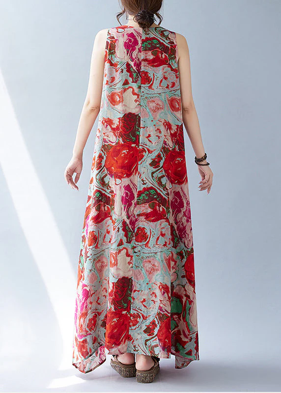 Bohemian Red Oversized Print Cotton Holiday Dress Sleeveless - Image 5