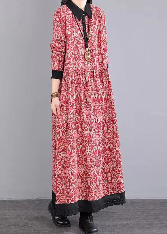 Bohemian Red Peter Pan Collar Patchwork Cotton Long Dress Fall - Image 4