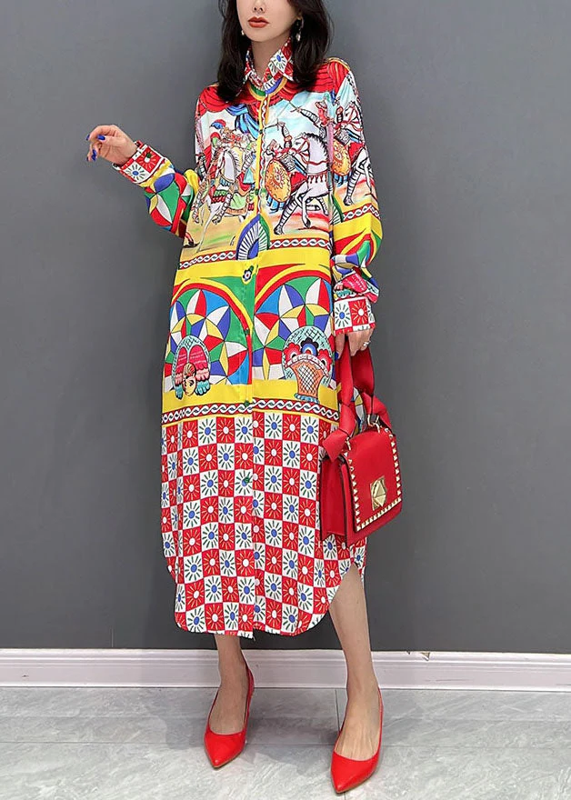 Bohemian Red Peter Pan Collar Print Vacation Dresses Fall - Image 2