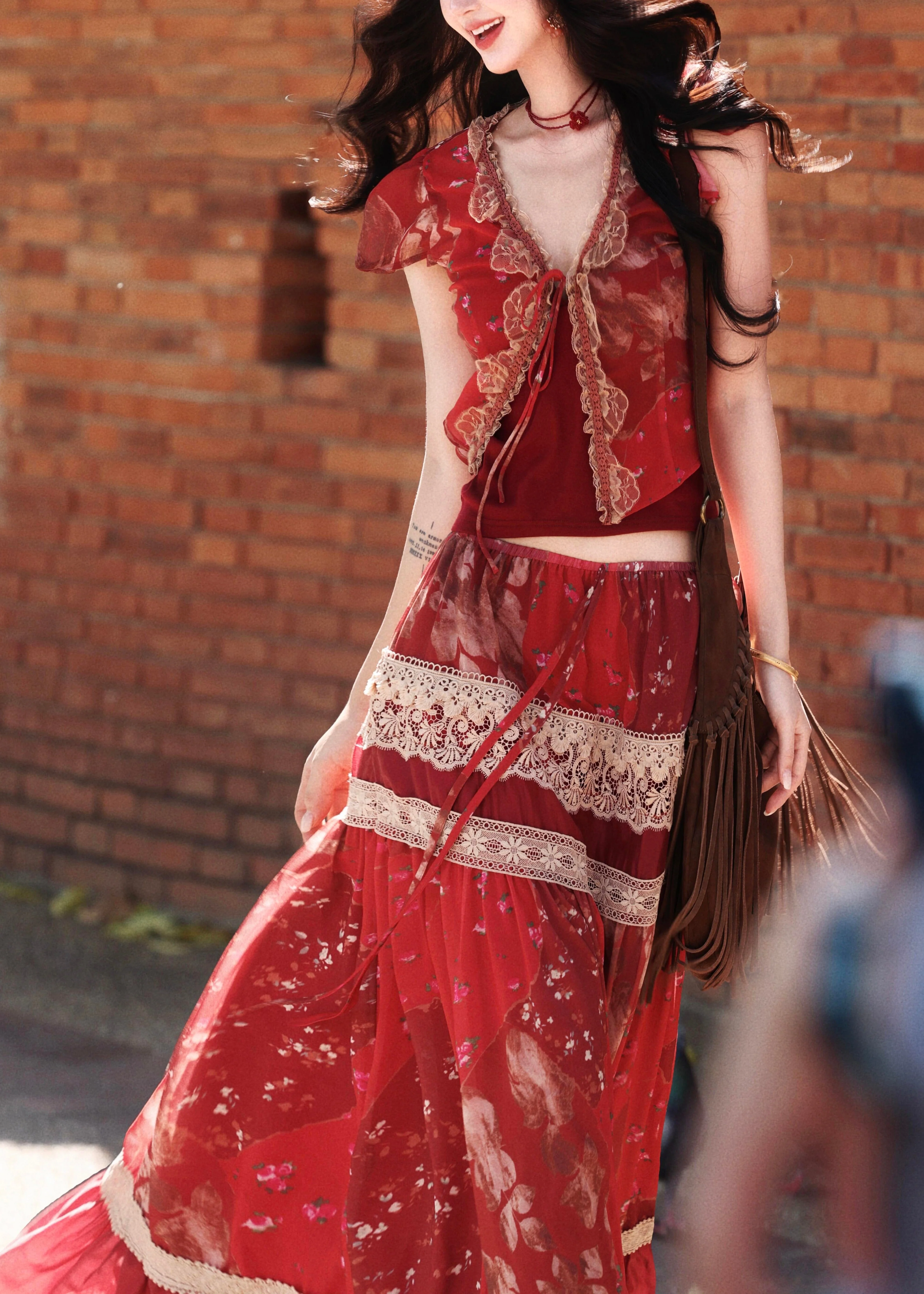 Bohemian Red Print Lace Patchwork Silk Two Pieces Set Summer - Image 3