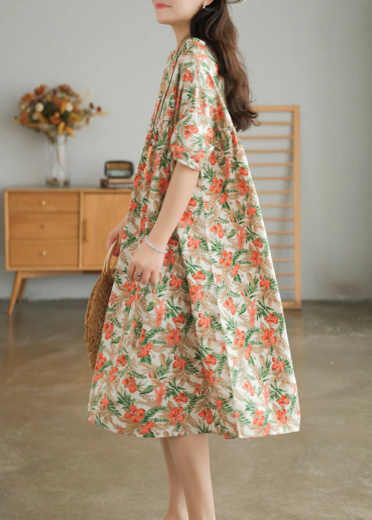 Bohemian Red Print O-Neck Cotton Beach Dresses Short Sleeve - Image 3