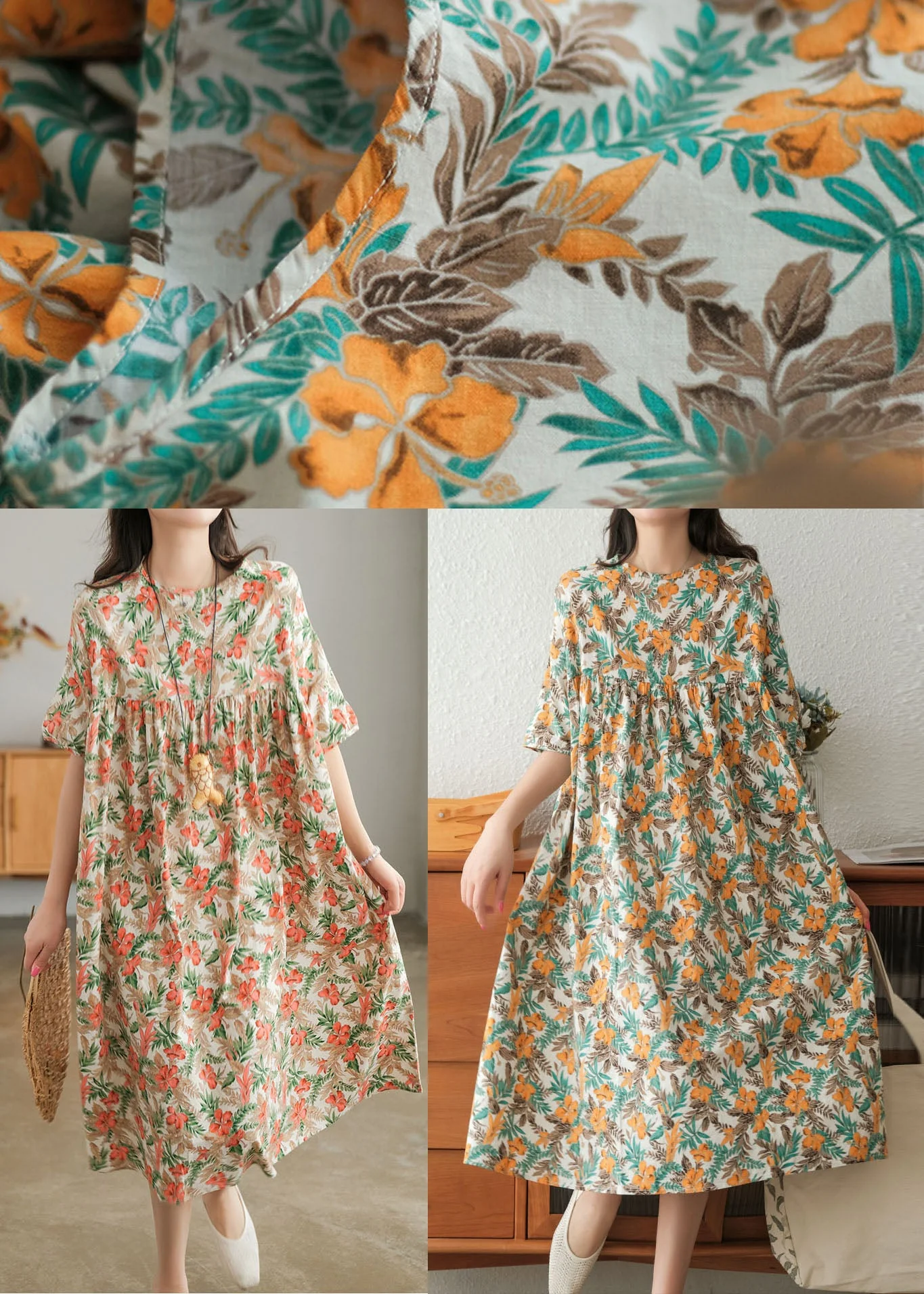 Bohemian Red Print O-Neck Cotton Beach Dresses Short Sleeve - Image 5
