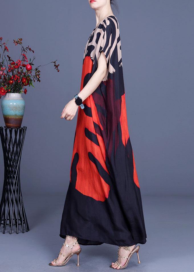 Bohemian Red Print O-Neck Silk Summer Maxi Dresses - Image 3