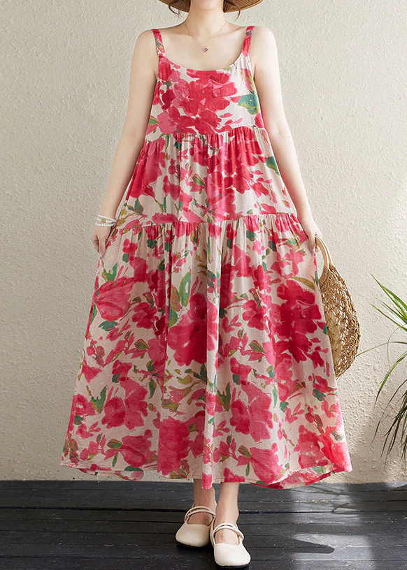 Bohemian Red Print Patchwork Cotton Spaghetti Strap Dress Sleeveless - Image 2