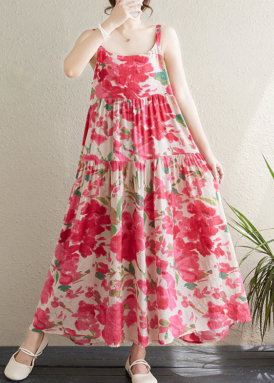 Bohemian Red Print Patchwork Cotton Spaghetti Strap Dress Sleeveless - Image 3
