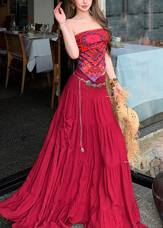 Bohemian Red Print Vest And Maxi Skirts Two Pieces Set Summer - Image 3