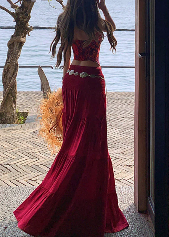 Bohemian Red Print Vest And Maxi Skirts Two Pieces Set Summer - Image 4