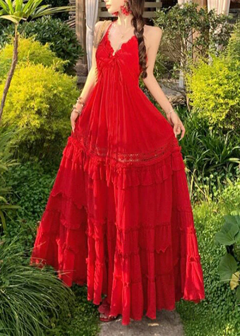 Bohemian Red Ruffled Exra Large Hem Cotton Beach Dress Summer - Image 3