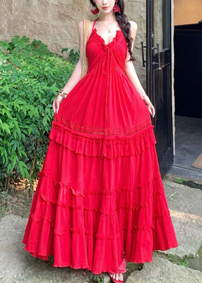 Bohemian Red Ruffled Exra Large Hem Cotton Beach Dress Summer - Image 4