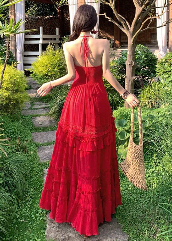 Bohemian Red Ruffled Exra Large Hem Cotton Beach Dress Summer - Image 5