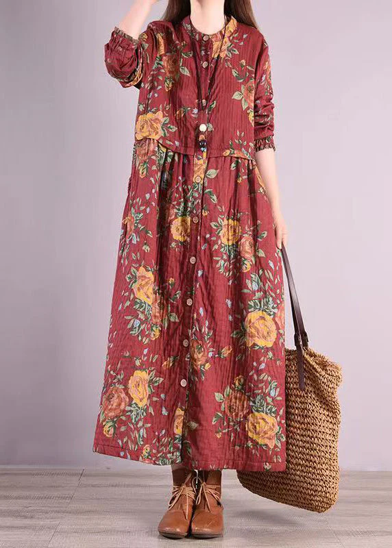 Bohemian Red Stand Collar Print Patchwork Cotton Long Dresses Fall - Image 2