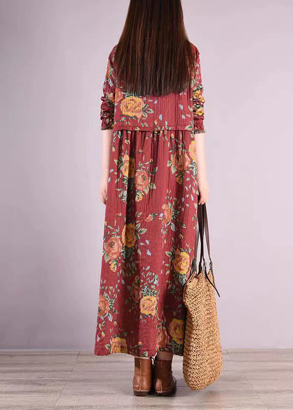 Bohemian Red Stand Collar Print Patchwork Cotton Long Dresses Fall - Image 3
