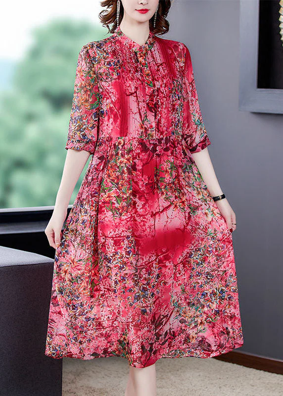 Bohemian Red Stand Collar Print Wrinkled Chiffon Vacation Dresses Half Sleeve - Image 2