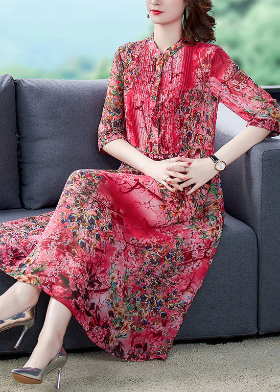 Bohemian Red Stand Collar Print Wrinkled Chiffon Vacation Dresses Half Sleeve - Image 3