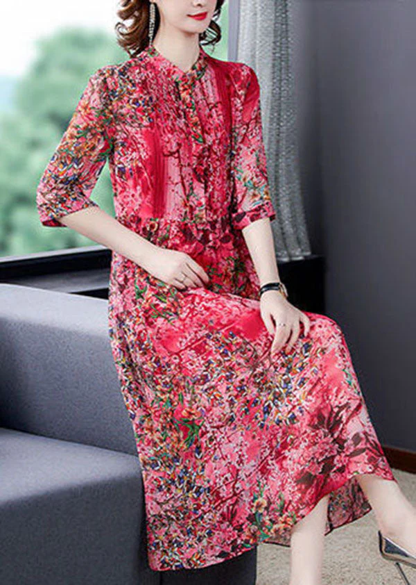 Bohemian Red Stand Collar Print Wrinkled Chiffon Vacation Dresses Half Sleeve - Image 4