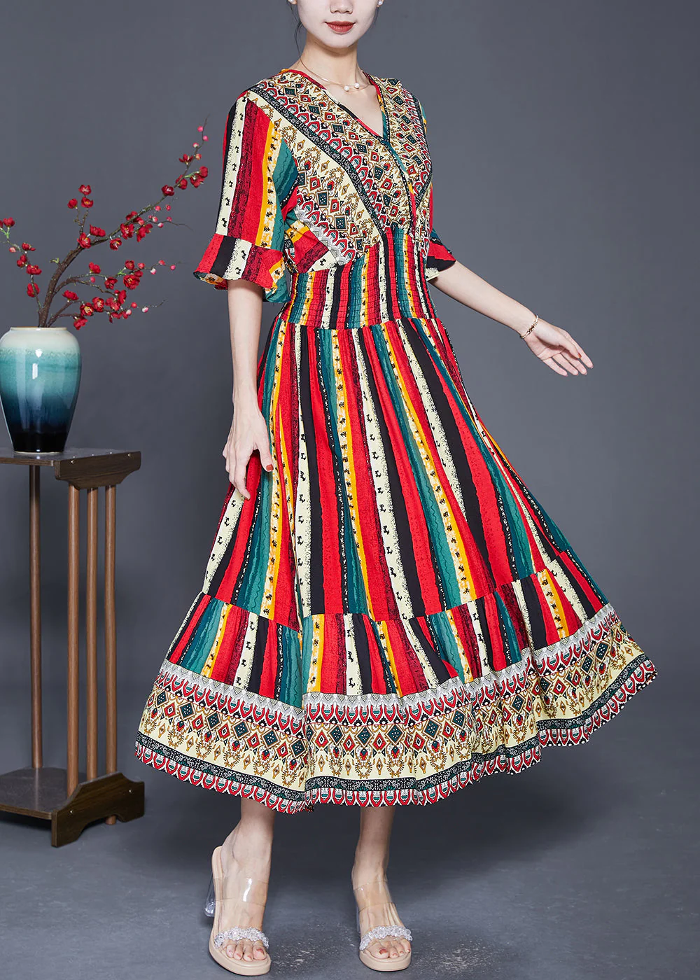 Bohemian Red Striped Cotton Vacation Dresses Flare Sleeve - Image 2