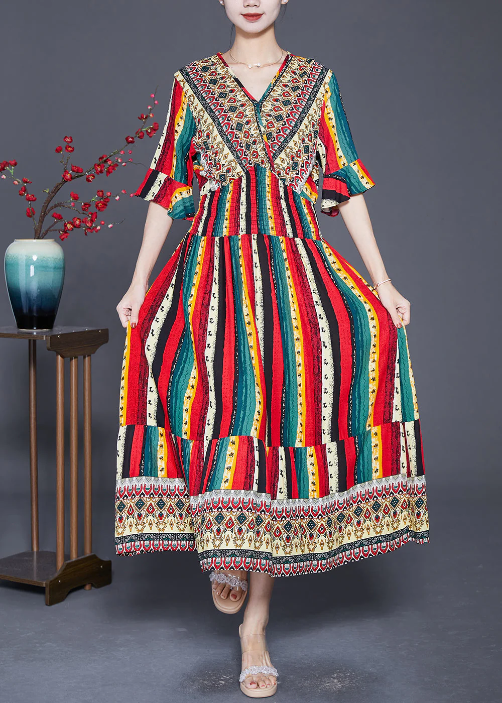 Bohemian Red Striped Cotton Vacation Dresses Flare Sleeve - Image 3