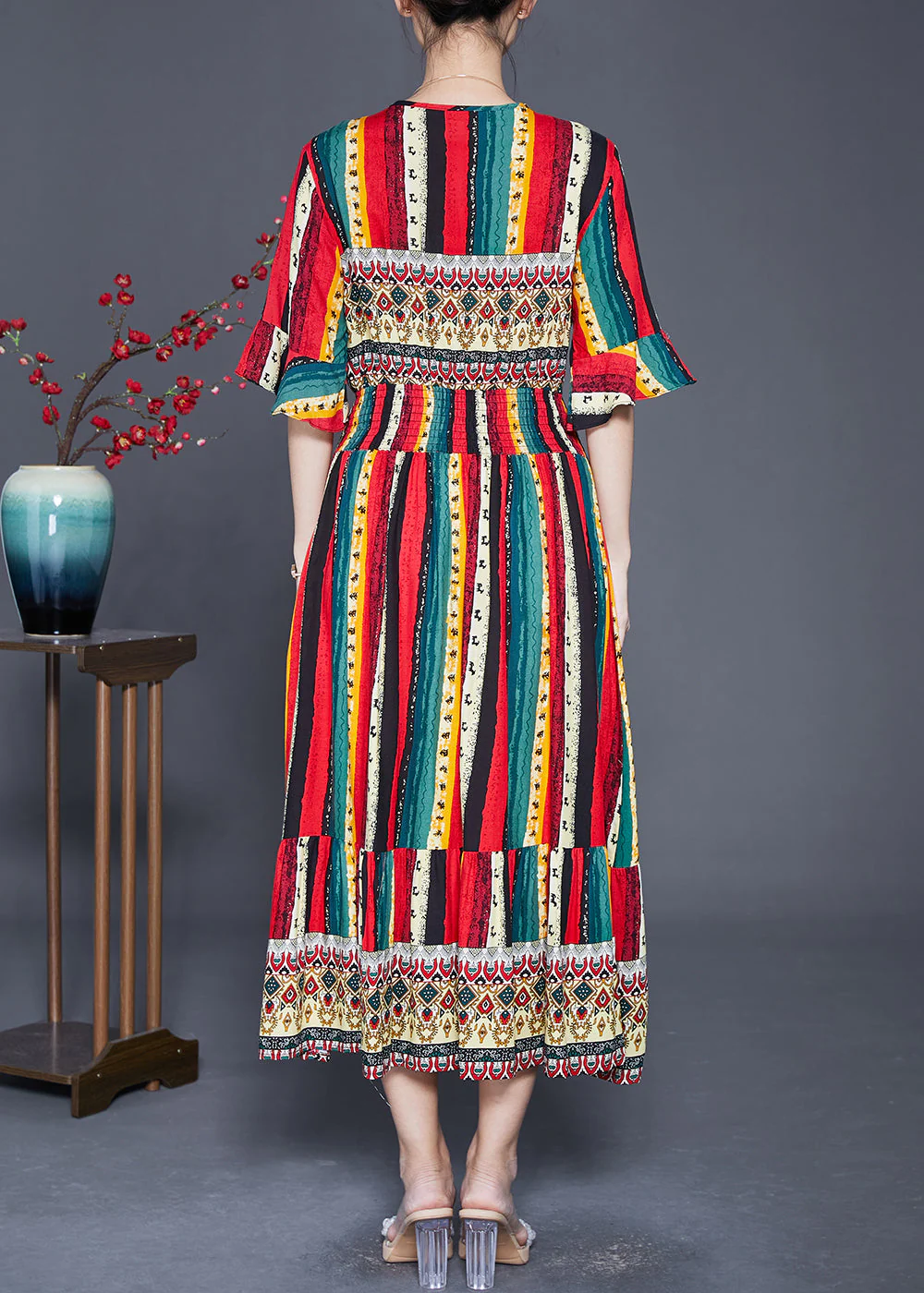 Bohemian Red Striped Cotton Vacation Dresses Flare Sleeve - Image 4