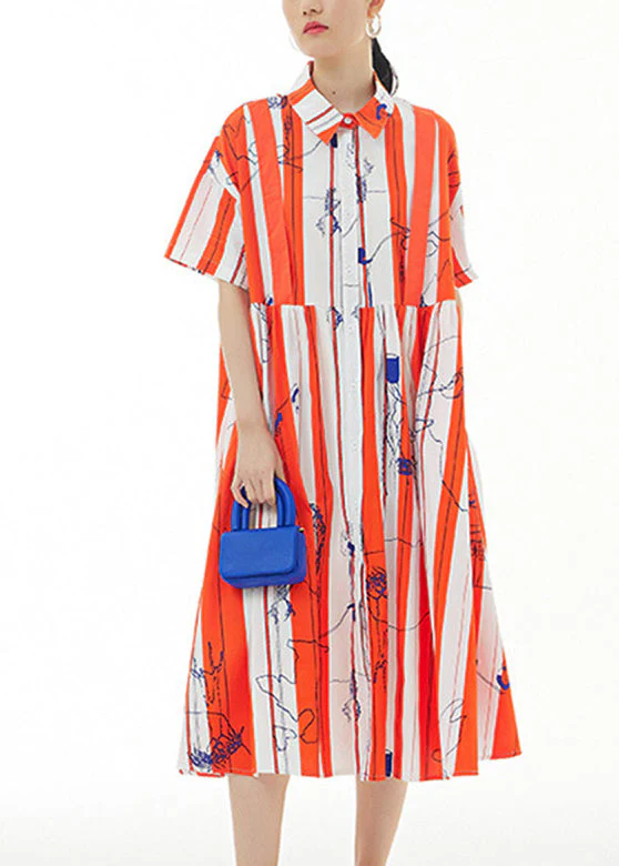 Bohemian Red Striped Peter Pan Collar Print Cotton Maxi Shirt Dress Summer - Image 2