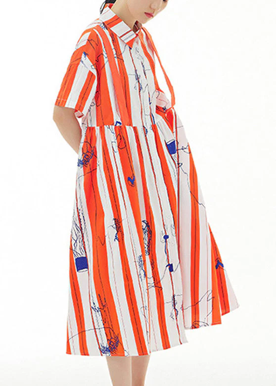 Bohemian Red Striped Peter Pan Collar Print Cotton Maxi Shirt Dress Summer - Image 3