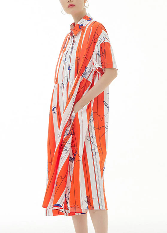 Bohemian Red Striped Peter Pan Collar Print Cotton Maxi Shirt Dress Summer - Image 4