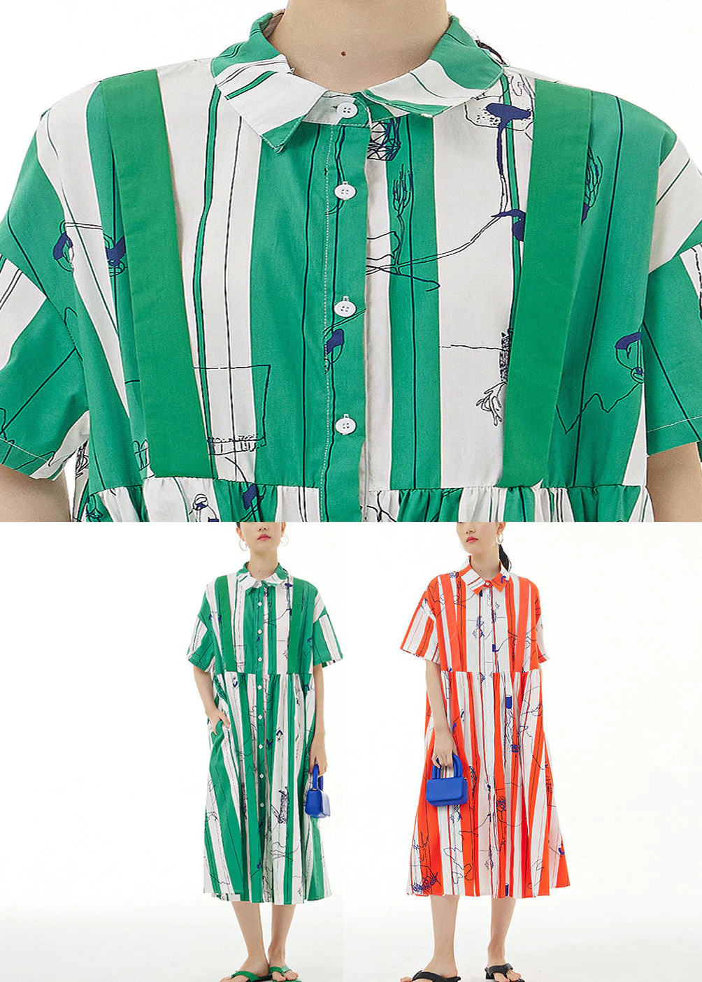 Bohemian Red Striped Peter Pan Collar Print Cotton Maxi Shirt Dress Summer - Image 5